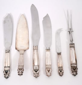 6 Georg Jensen Sterling 'Acorn' Serving Pcs