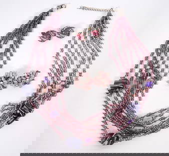Pink/Purple Theme Group of Jewelry 3Pcs: Lot includes: Artisanal beaded glass multi-strand necklace with lobster clasp. measures approximately. 17" long. Two pairs of clip-on earrings, one composed of white metal and natural stone (1"). The