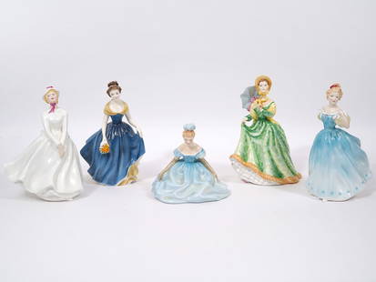 Five Royal Doulton Aristocratic Lady Figurines: Five Royal Doulton aristocratic porcelain lady figurines includes Elizabeth, Debutant, Mary, Enchantment and Melanie. Range in size from 5.5"H to 8"H. Condition report: Mary has a repair, good conditi