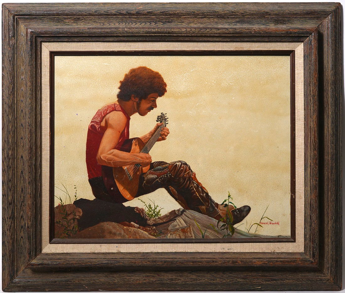 Francis Wooddahl Guitarist Oil on Board Painting: Francis L. Wooddahl (American, 1938 - 1984) Oil on board painting of a seated hippie-style guitarist, signed lower right. Measurements: Board - 16.5"H x 21"W , Framed - 21.5"H x 25"W. Condition report