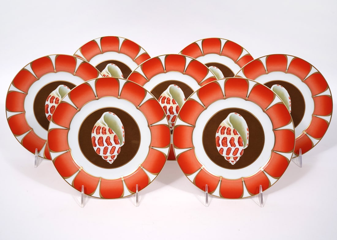 7 Lynn Chase "Coquilles" Elouise Plates: 7 Lynn Chase "Coquilles Des Mers", Elouise version, porcelain salad/dessert plates (8"W). Part of a series of sea-life themed porcelain-ware to benefit the Chase Wildlife Foundation. Condition report: