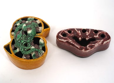 Two Art Chinese Pottery Frog Flower Holders
