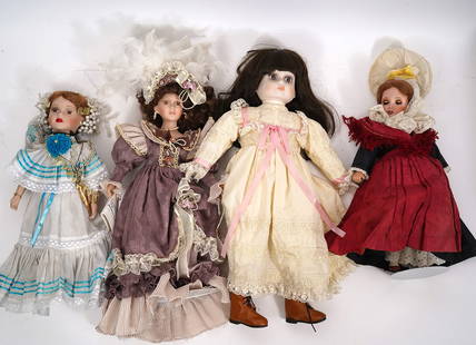 Group of Four Porcelain Dolls: Group of four dolls in various styles of dress. Range in size Largest is 22". Condition report: AS-IS condition, please examine all photos closely. Contact C. Biddle Auction Gallery for more detailed