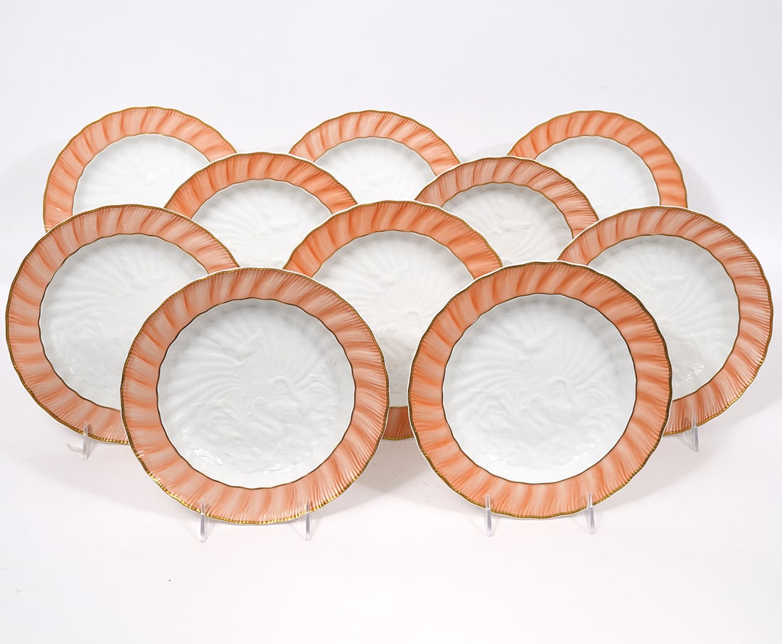 10 Mottahedeh "Salmon Swan" Porcelain Bowls: 10 Mottahedeh (Portugal) "Salmon Swan" porcelain bowls, each 9.5" in diameter. Condition report: Good condition, please examine all photos closely. Contact C. Biddle Auction Gallery for more detailed 