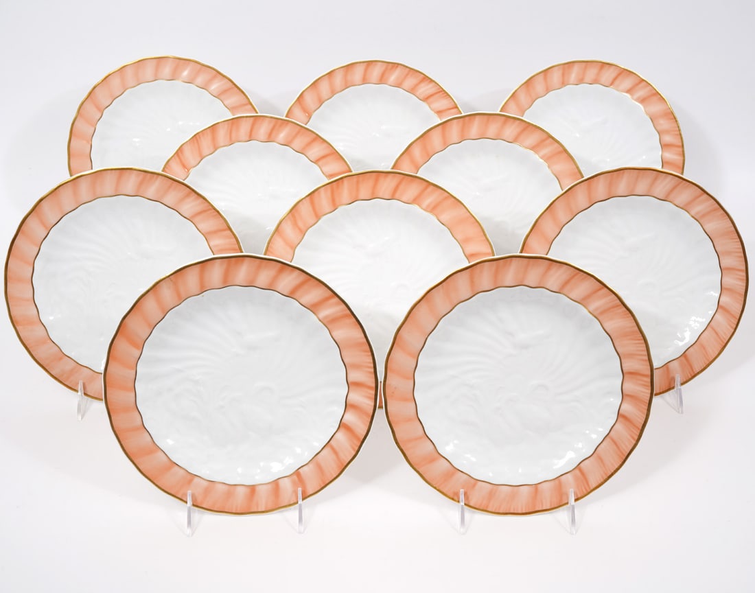 10 Mottahedeh "Salmon Swan" Porcelain Salad Plates: 10 Mottahedeh (Portugal) "Salmon Swan" porcelain salad plates, each 9" in diameter. Condition report: Good condition, please examine all photos closely. Contact C. Biddle Auction Gallery for more deta