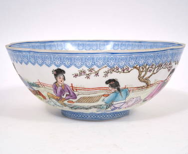 Chinese Eggshell Porcelain Bowl: Chinese eggshell porcelain bowl has a slightly scalloped rim and figures painted around outside in what appears to be a partially fenced garden. There is a blue Chinese seal on the bottom. Measures 2