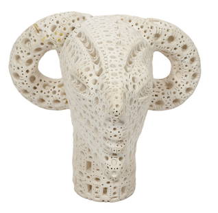 Alexander Ney Terracotta Ram's Head: Alexander Ney, Russian/American (Born1935). Terracotta perforated sculpture of a ram's head that is signed on the bottom 'ALNEY C 99'. Measures 7.5"H x 8.25"W x 8.75"L. Condition report: small crack t