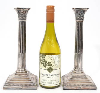 Pr. English Sterling Corinthian Candle Sticks: Pair of English hallmarked sterling Corinthian ribbed pillar candlesticks decorated with beading. Hallmarks on base include Robert Pringle & Sons. Total overall weight 1792 grams and measures 11.5"H;
