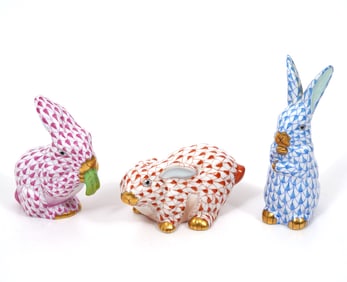 3 Herend Porcelain Fishnet Rabbits
