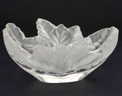 Lalique Crystal 'Compiegne' Bowl: Lalique 'Compiegne' crystal bowl has a clear oval base with frosted oak leaves around the rim. Etched on underside 'Lalique France'. Measures 3 7/8"H x 7.5"L x 5.75"W. Condition report: good