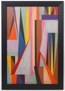 After Karl Benjamin Abstract Geometric O/C: After Karl Benjamin (American, 1925 - 2012). Vibrant geometric abstract oil on canvas painting has signature lower right. Measures: Visual Image: 24" x 36", Framed - 29" x 41". Condition report: Good