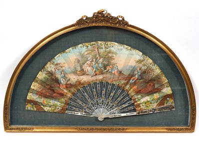 19th C. Cased French Hand-Painted MOP Fan