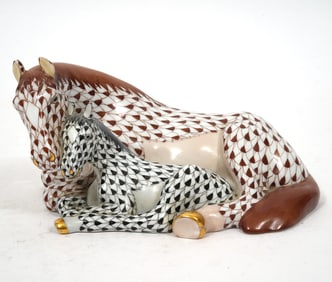 Herend Brown Black Fishnet Mare & Foal Figurine