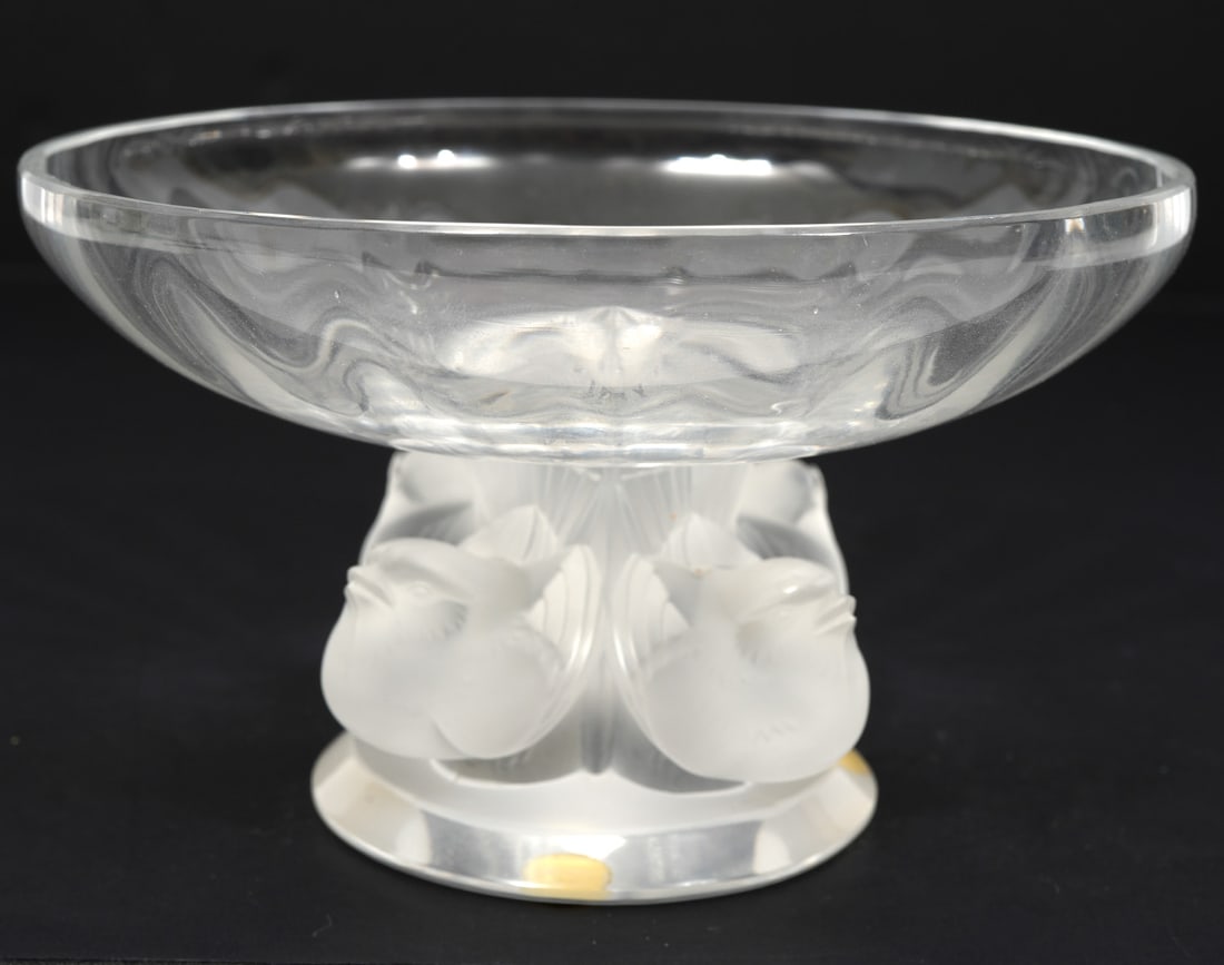 Lalique Crystal 'Nogent' Bowl: Lalique crystal 'Nogent' footed bowl, originally designed in 1966 by Marc Lalique, is a clear crystal bowl supported on a pedestal base with 4 frosted birds and is etched on bottom 'Lalique France'. M