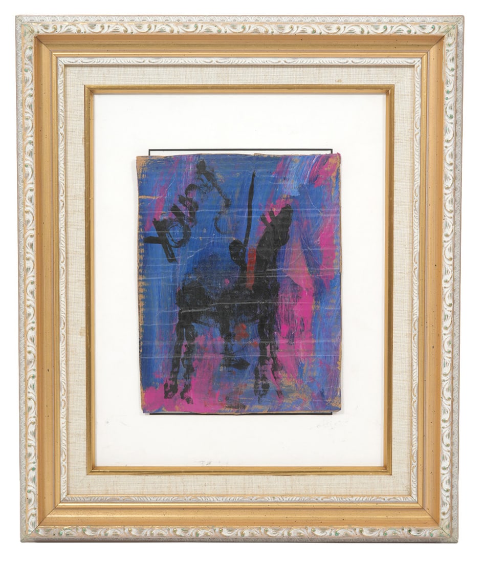 Original Purvis Young Framed Painting: Purvis Young, American (1943-2010). Purvis Young was an American artist of Bahamian descent who was a storyteller through his art. This is a painting on cardboard, mounted in a gilt and white wood fra