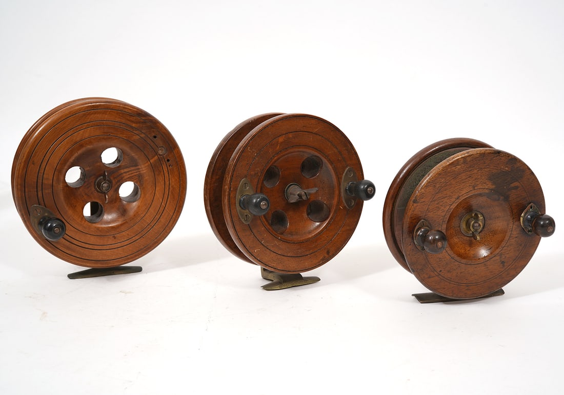 2 Eton Sun Vintage Wooden Fishing Reels 1 Unknown: Two Eton Sun vintage wooden fishing reels measuring 5" and 6" and 1 unknown reel that measures 5’’. Condition report: no issues, please see all photos. Contact C. Biddle Auction Gallery for more d