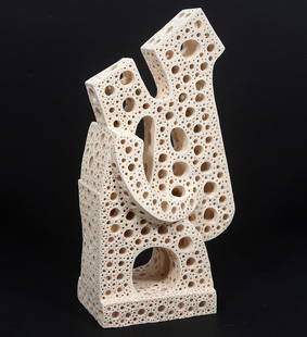 Alexander Ney Perforated Terracotta Sculpture: Alexander Ney, Russian/American (Born 1939). Hand made perforated white terracotta abstract sculpture by Ney. Measures 15.25"H x 8"L x 4.75"W. Condition report: a few tiny knicks and cracks, please se