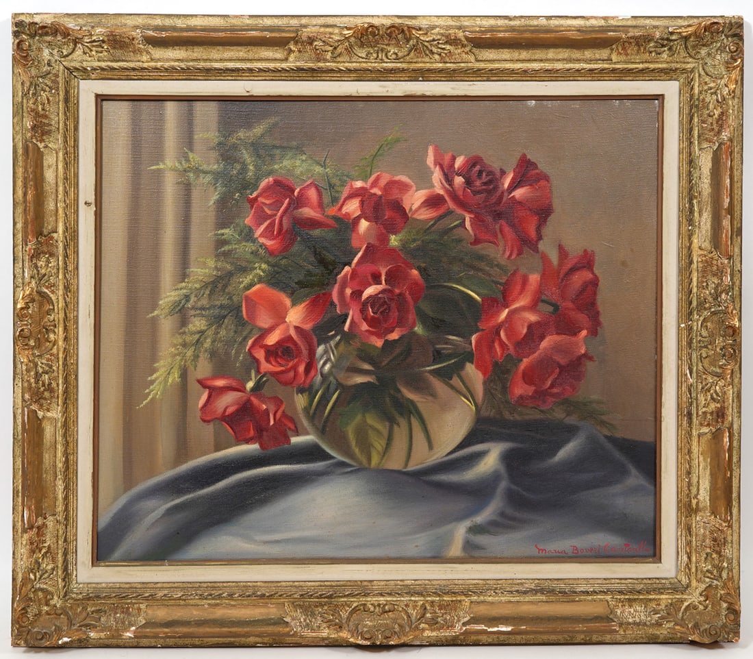 Maria Boveri Cantarella Still Life O/C Painting: Maria Boveri Cantarella (American, 1909-1966), still life oil on canvas painting of a vase of roses in shades of pink and red, signed lower right. Measurements: Canvas -20"H x 24"W, Frame - 30.5"H x 3