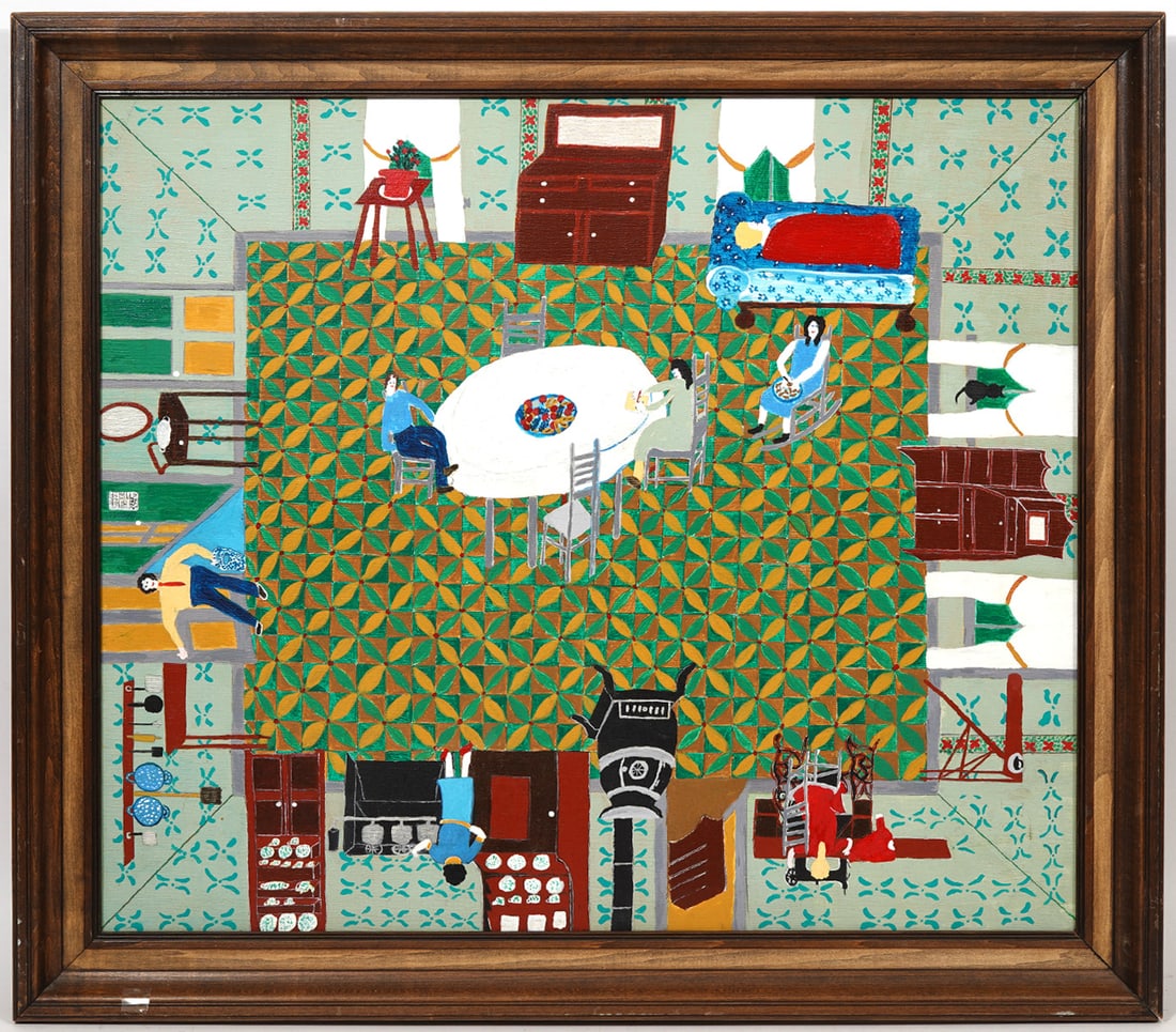 Acrylic On Canvas Primitive Home Interior Painting: Unsigned primitive acrylic on canvas painting of an interior of a home. Measures: Canvas - 24"H x 28"W, Frame - 28"H x 32"W. Condition report: Good condition, please examine all photos closely. Contac