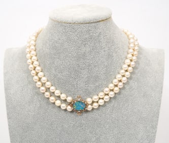 Double Strand Pearl Necklace Opal & Diamond Clasp