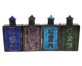 4 Chinese Enamel on Silver Hinged Snuff Bottles