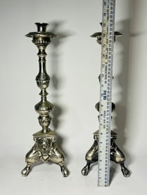 Pair of Silverplate Candlesticks With Lion Heads