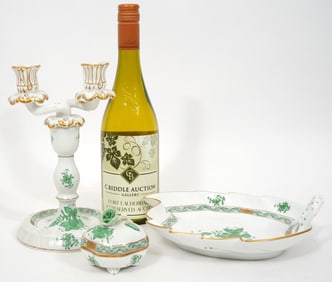 Herend Green Leaf Dish, Bon Bon & Candelabra