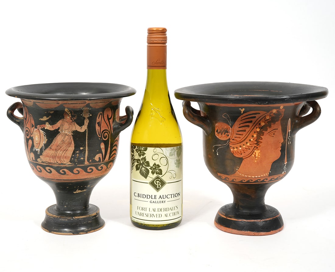 2 Greek Apulian Red Figure Bell Kraters: 2 Greek Apulian Red Figure Bell Kraters are ancient Greek vessels used for diluting wine with water. Both have two handles and pedestal bases. Measures 8.25"H x 8.75"W with 4 1/8"W base; 8.25"H x 7 5/