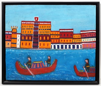 Primitive Signed Painting Venetian Gondola Scene