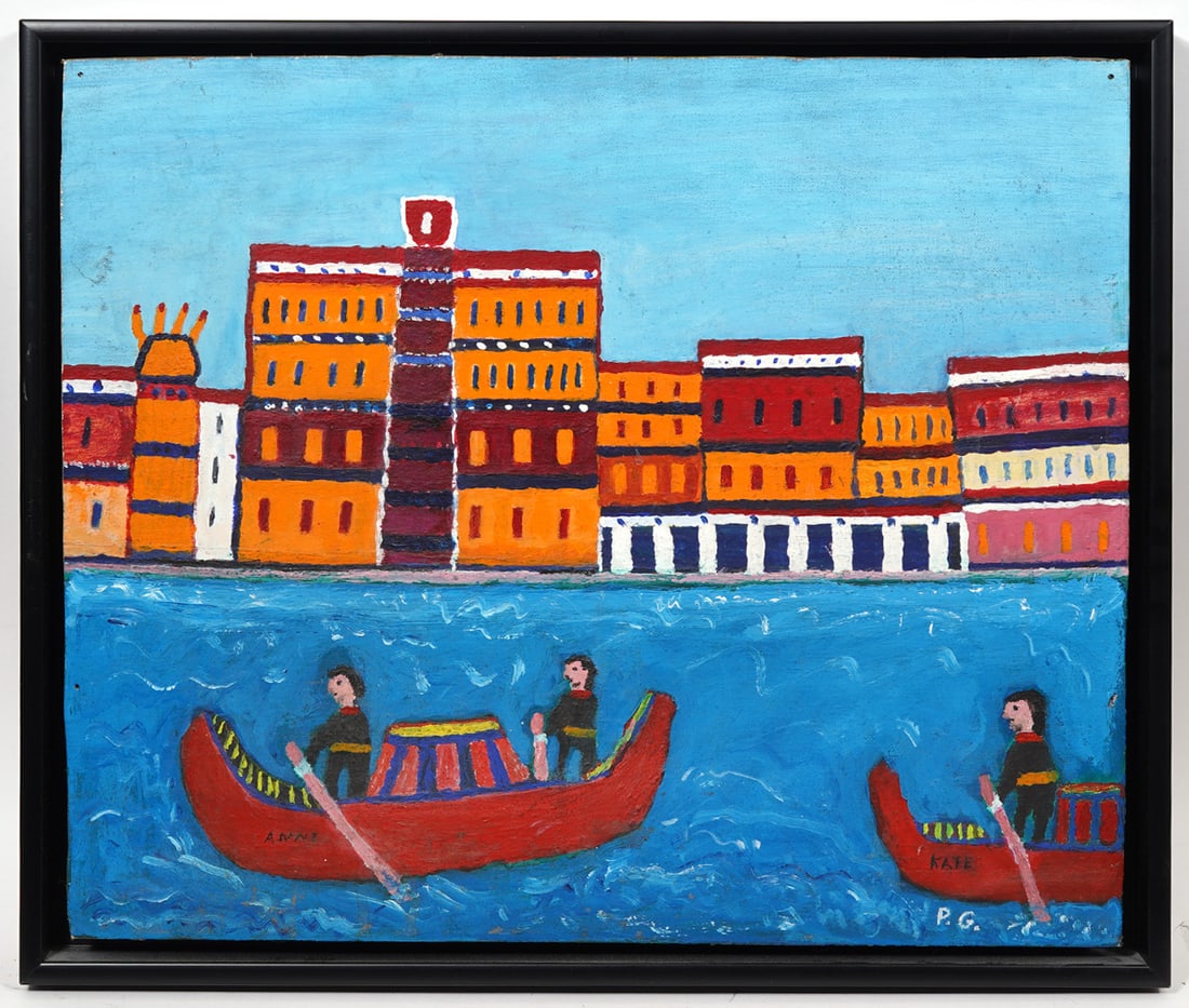 Primitive Signed Painting Venetian Gondola Scene (1 of 7)