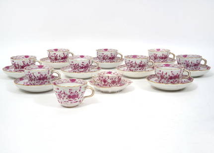 21 Meissen Porcelain Indian Pink Flower Cup/Saucer: 21 Meissen porcelain Indian Pink Flower pieces includes 10 Cups: 3.5’’ W x 2.5" H; 9 Saucers: 5.5’’D x 1.25’’H; 1 Tea cup 2’’ x 3'' & saucer 5.5W''. Condition report: one cup & 2 sauce