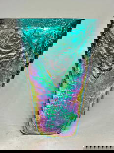 Loetz Iridescent Tapered Square Glass Vase: Loetz iridescent tapered square glass vase, signed underside. Each side has low relief abstract designs. Measures approx 7"H x 4.5"W. Condition report: Good condition, please examine all photos closel