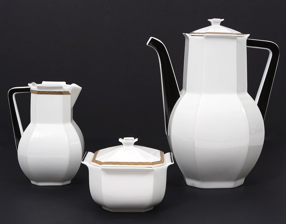 Bernardaud Limoges "Prince Noir" 3 Pc. Coffee Set: Bernardaud French Limoges "Prince Noir" three-piece coffee set in a Deco-inspired design. Includes: coffee pot (8.5"H x 7"W), lidded sugar bowl (3.25"H x 4.25"W), creamer (5.5"H x 3.5"W). Condition re