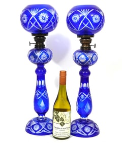 Pr Bohemian Blue Cut-to-Clear Hurricane Oil Lamps