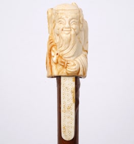 Chinese Hand Carved Ancestor Figure on a Cane