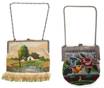 2 Pictorial Beaded Purses Sterling Silver Frames