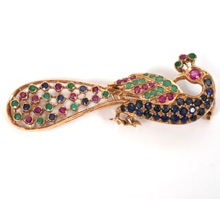 Peacock Pin 14K, Emeralds, Rubies & Sapphires