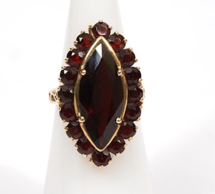 Yellow Gold Navette Shaped Ring with Round Garnets
