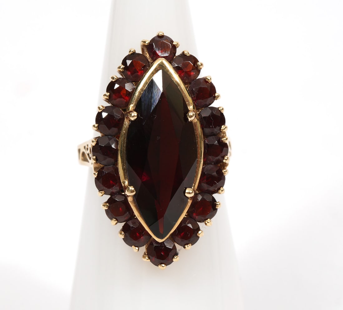 Yellow Gold Navette Shaped Ring with Round Garnets (1 of 5)