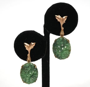 14K YG Pierced Earrings W/ Carved Jadeite Drops