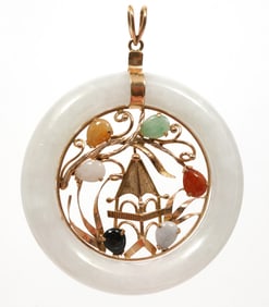 Circular Jadeite Pendant 14K YG Pagoda Theme