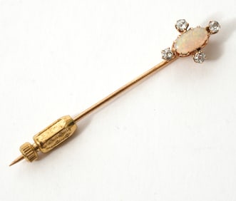 10K YG Stick Pin W/ Cabochon Opal & Round Diamonds