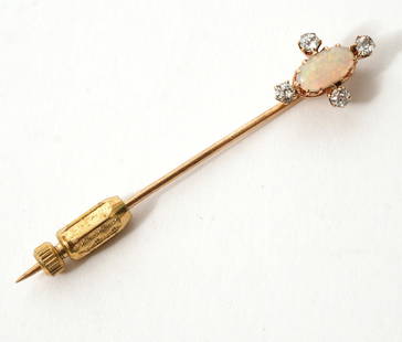 10K YG Stick Pin W/ Cabochon Opal & Round Diamonds: Yellow gold vintage stick pin, acid tested 10K on pin, has an oval cabochon cut opal weighing 0.35 carats and round full cut diamonds totaling 0.20 carats, J color, VS to SI clarity. Weighs .90 pennyw