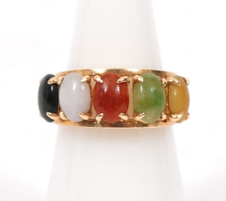 14K YG Ring Black/White/Orange/Yellow/Green Jade