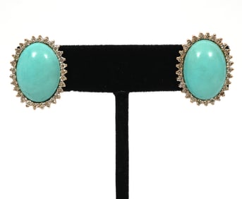 Turquoise, Diamond, 14K YG Pierced Earrings