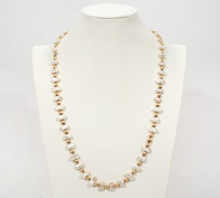 Stick Pearl & Corrugated 14K Bead Necklace