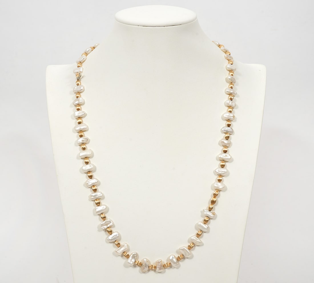 Stick Pearl & Corrugated 14K Bead Necklace (1 of 5)