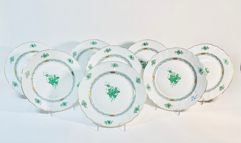 8 Herend Chinese Green Bouquet Dinner Plates