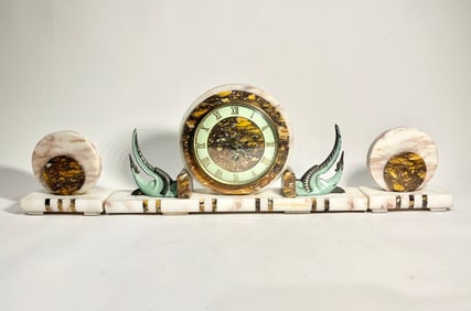Deco-Style Marble Mantle Clock And Garnitures