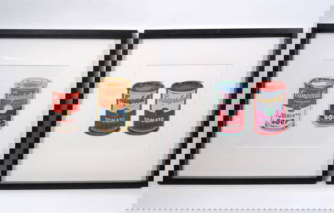Pr Warhol Foundation Framed Campbell Soup Art: Pair of framed Warhol Art Campbell Soup Cans includes one with red/white and blue/orangey-red cans, and the second one has red/pink and burgundy/pale blue cans, mounted in black wood frames with wide